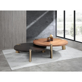 Mimeo Large round Coffee Table, Walnut veneer top lacquered in original color, Legs  brushed stainless steel in brass.