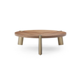 Mimeo Large round Coffee Table, Walnut veneer top lacquered in original color, Legs  brushed stainless steel in brass.