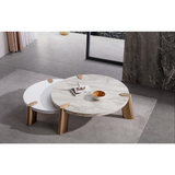 Mimeo Large round Coffee Table, White Marble Paper top, Legs  brushed stainless steel.