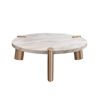 Mimeo Large round Coffee Table, White Marble Paper top, Legs  brushed stainless steel.