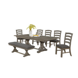Lexington 7Pc Dining Set - Extendable Dining table with 18" Leaf, Wood/Linen Side Chairs, Bench, Gray
