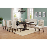 Weatherford 7pc Dining Set w/Upholstered Bench & Wingback Chairs Tufted & Nailhead Trim, Table w/Center 20" Leaf, Beige