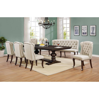 Weatherford 7pc Dining Set w/Upholstered Bench & Wingback Chairs Tufted & Nailhead Trim, Table w/Center 20