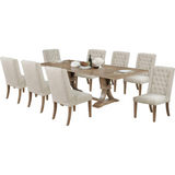 Oxford 9Pc Extendable Dining Set with Two 16" Leafs in Rustic Wood Finish and Upholstered Side Chairs with Tufted Buttons. Beige