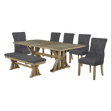 Yorkshire 7 piece Dining Set with leaf for expandable table, Five Gray linen fabric chairs, and one bench in Gray
