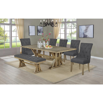 Yorkshire 7 piece Dining Set with leaf for expandable table, Five Gray linen fabric chairs, and one bench in Gray