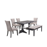 Essex 6Pc Dining Set - Weathered Gray Dining Table, Bench & Side Chairs Tufted & Nailhead Trim, Beige