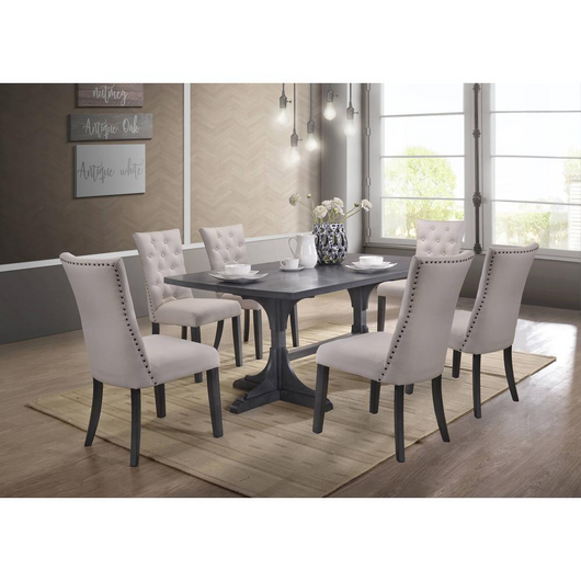 Essex 7Pc Dining Set with Weathered Gray Dining Table, Uph Side Chairs Tufted & Nailhead Trim, Beige