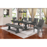 Richmond 7Pc Dining Set W/Side Chairs & Bench, Tufted & Nailhead Trim, Table w/Center 18" Leaf, Gray
