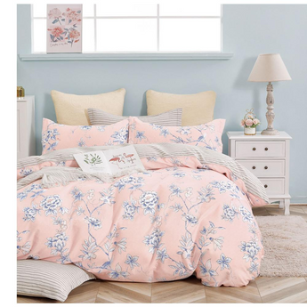 Ava Pink Floral 100% Cotton Reversible Comforter Set Queen/Full