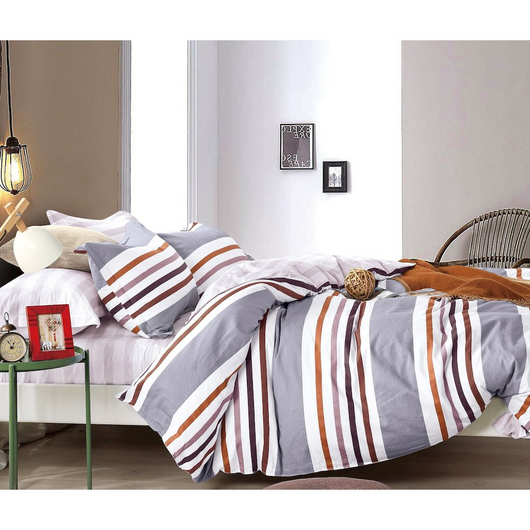 Denver Gray/Brown Striped 100% Cotton Reversible 3 Pcs Comforter Set
