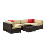 Sea Island 7Pc Outdoor Wicker Sectional Set Sand/Brown - 2 Corner Chairs, Coffee Table, 4 Armless Chairs, 4 Throw Pillows