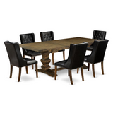 Blackbarn 7-Pc Dining Set Includes 1 Butterfly Leaf Double Pedestal Dining Table and 6 Linen Fabric Dining Chairs with Button Tufted Back - Distressed Jacobean Finish