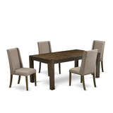5Pc Dining Set- 4 Parson Dining Chairs with Dark Khaki Linen Fabric Seat and Stylish Chair Back and Rectangular Table Top & Wooden 4 Legs - Distressed Jacobea