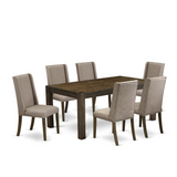 Berrymore 7-Pc Dining Table Set|6 Linen Chairs and Rectangular Wood Table