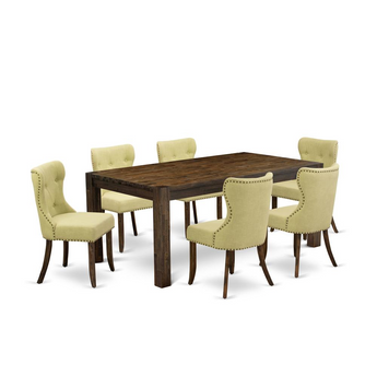 Islington 7 Piece Dining Room Table Set- 6 Dining Chair with Limelight Linen Fabric Seat and Button Tufted Chair Back - Rectangular Table Top & Wooden 4 Legs - Distressed Jacobea