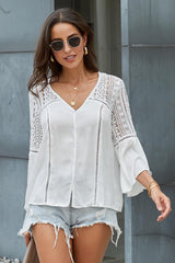 Flare Sleeve Spliced Lace V-Neck Shirt