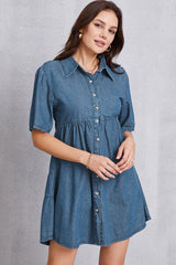 Button Up Collared Neck Tiered Denim Dress