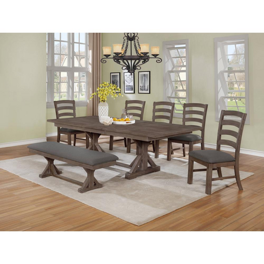Lexington Rustic Walnut Wood 7pc Dining Set With Extendable Table And Gray Linen Fabric Chairs And Bench