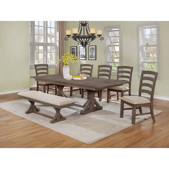 Lexington Rustic Walnut Wood 7pc Dining Set With Extendable Table And Beige Linen Fabric Chairs And Bench