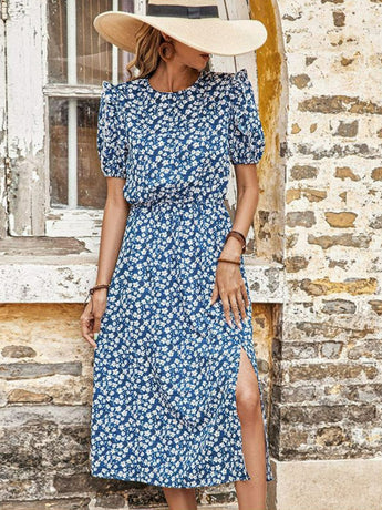 Flora Floral Round Neck Split Midi Dress