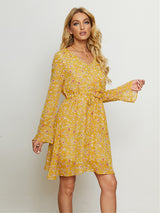 Heather Floral Drawstring Waist V-Neck Dress