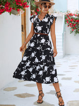 Roma Floral Frill Trim V-Neck Tiered Midi Dress