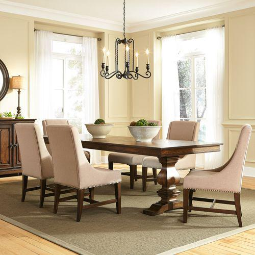 Armand 7 Pc Trestle Table Set - Trestle Table 6 Linen Dining Chairs Antique Brownstone Finish