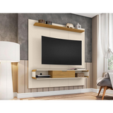 Camberly 62.36 Floating Entertainment Center with 3 Shelves and Overhead Décor Shelf in Off White and Cinnamon