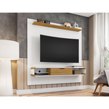 Camberly 62.36 Floating Entertainment Center with 3 Shelves and Overhead Décor Shelf in White and Cinnamon