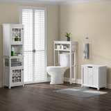 Derby 4-Piece Bathroom Set with Over Toilet Open Storage Shelf, Hamper, Floor Cabinet, and Hutch