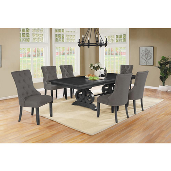 Downton 7 Pc Dining Set - Dark Gray Solid Wood Table, 6 Gray Linen Fabric Side Chairs