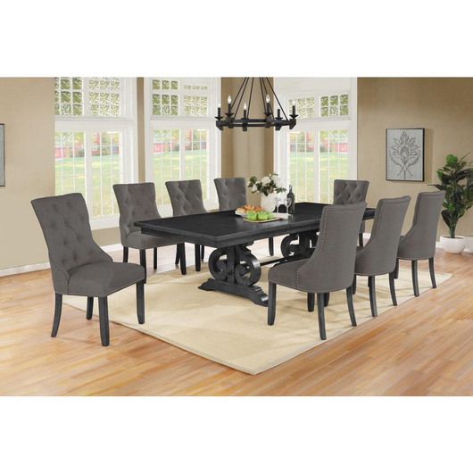 Downton 9 Pc Dining Set With Dark Gray Solid Wood Table And 8 Gray Linen Fabric Side Chairs