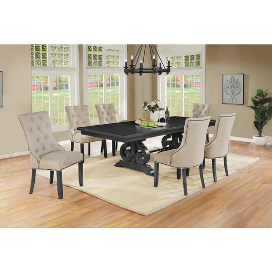 Downton 7 Pc Dining Set - Dark Gray Solid Wood Table, 6 Beige Linen Fabric Side Chairs