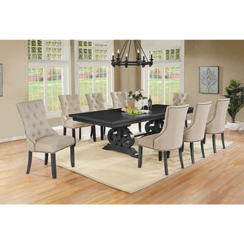 Downton 9 Pc Dining Set - Dark Gray Solid Wood Table And 8 Beige Linen Fabric Side Chairs