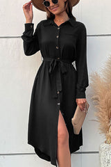 Curved Hem Belted Long Sleeve Shirt Dress