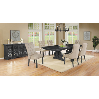 Downton 8 Pc Dining Set - Dark Gray Solid Wood Table, Beige Linen Fabric Side Chairs, Marching Server