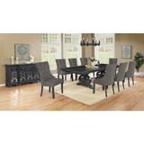 Downton 10 Pc Dining Set- Dark Gray Solid Wood Table, 8 Gray Linen Fabric Side Chairs, Matching Server
