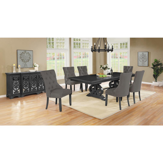 Downton 8 Pc Dining Set -Dark Gray Solid Wood Table, Gray Linen Fabric Side Chairs, Matching Server