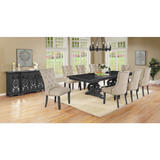 Downton 10 Piece Dining Set - Dark Gray Solid Wood Table, 8 Beige Linen Fabric Side Chairs, Matching Server