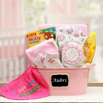 Baby Basics Gift Pail Pink - baby bath set -  baby girl gifts - new baby gift basket - baby gift baskets - baby shower gifts