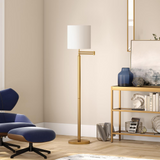 Moby Swing Arm Floor Lamp with Fabric Drum Shade in Brass/White