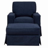 Americana Box Cushion Slipcovered Chair and Ottoman Set | Stain Resistant Performance Fabric | Navy Blue