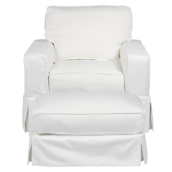 Americana Box Cushion Slipcovered Chair and Ottoman | Stain Resistant Performance Fabric | White