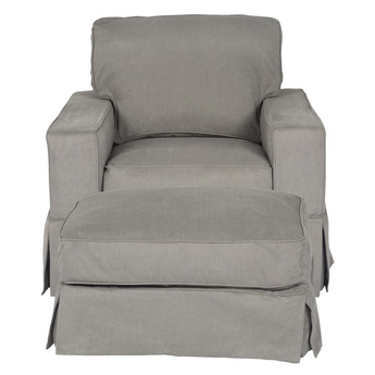 Americana Box Cushion Slipcovered Chair and Ottoman | Stain Resistant Performance Fabric | Gray