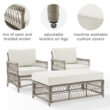 Thatcher 3Pc Outdoor Wicker Armchair And Ottoman Set Creme/Driftwood - Coffee Table Ottoman & 2 Armchairs