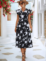 Roma Floral Frill Trim V-Neck Tiered Midi Dress