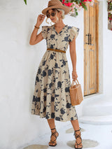 Roma Floral Frill Trim V-Neck Tiered Midi Dress