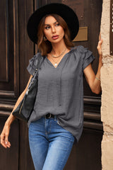 Tie-Neck Flutter Sleeve Blouse