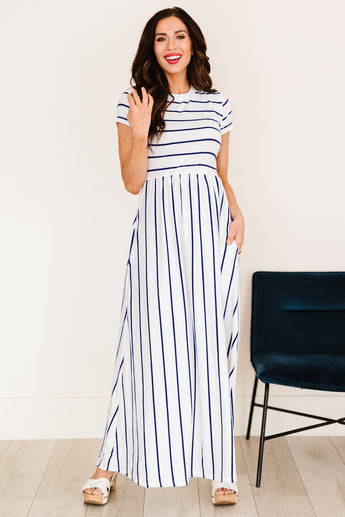 Hidi Striped Short Sleeve Crewneck Maxi Dress